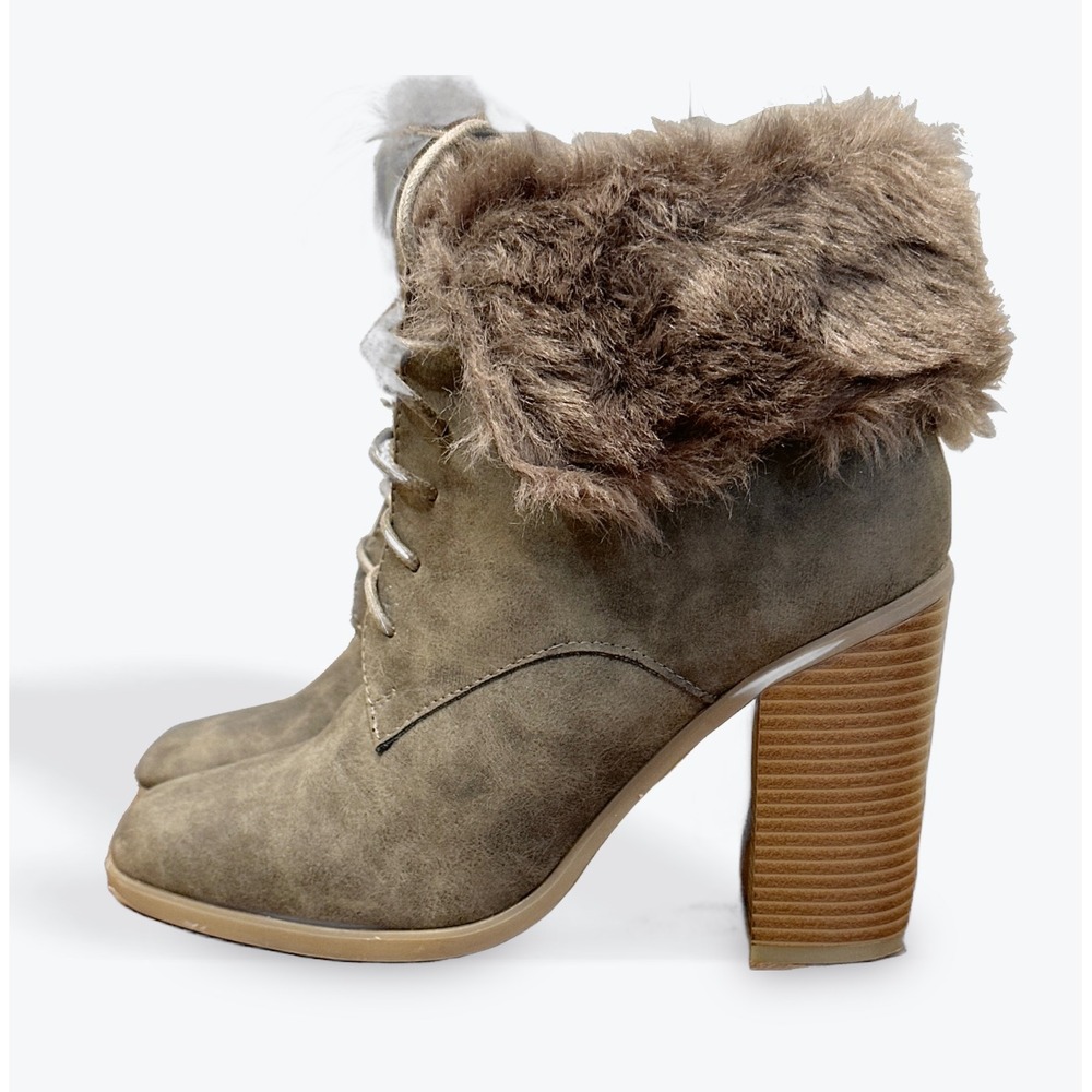 Lilia Stone Womens Joann Lace Up Faux Fur‎ Cuff Heeled Ankle Boots Size 8.5